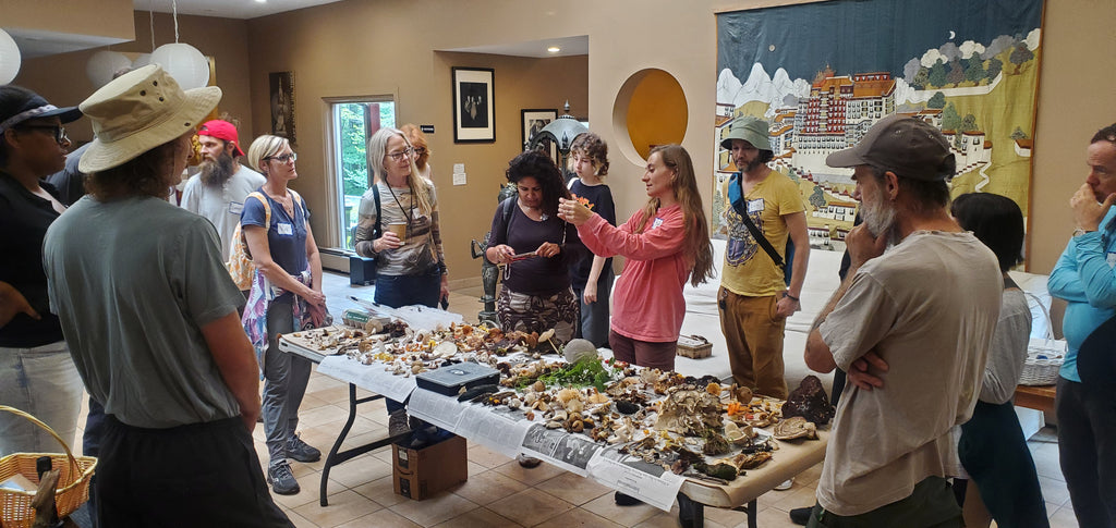 Gabriela D'Elia talks about mushrooms as she holds one up. A dozen people stand around the table covered in mushrooms listening to what she has to say at the Friends of Fungi Weekend Mushroom Retreat in the Catskill Mountains of New York. 